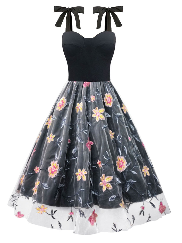 She slips into this Black 1970s Embroidered Floral Patchwork Mesh Dress and suddenly it's a 1970s daydream