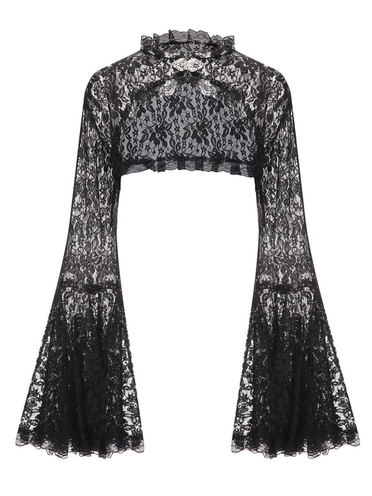 Black 1970s Flare Sleeved Lace Sheer Cape, vintage fashion, retro style - perfect for women who love vintage and retro fashion