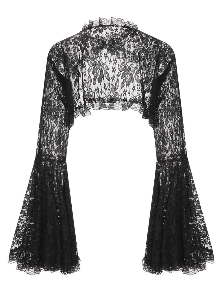 Black 1970s Flare Sleeved Lace Sheer Cape, vintage fashion, retro style - perfect for women who love vintage and retro fashion