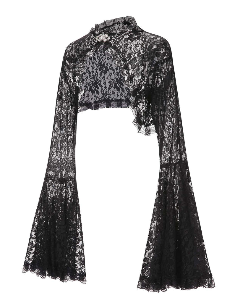 Black 1970s Flare Sleeved Lace Sheer Cape, vintage fashion, retro style - perfect for women who love vintage and retro fashion