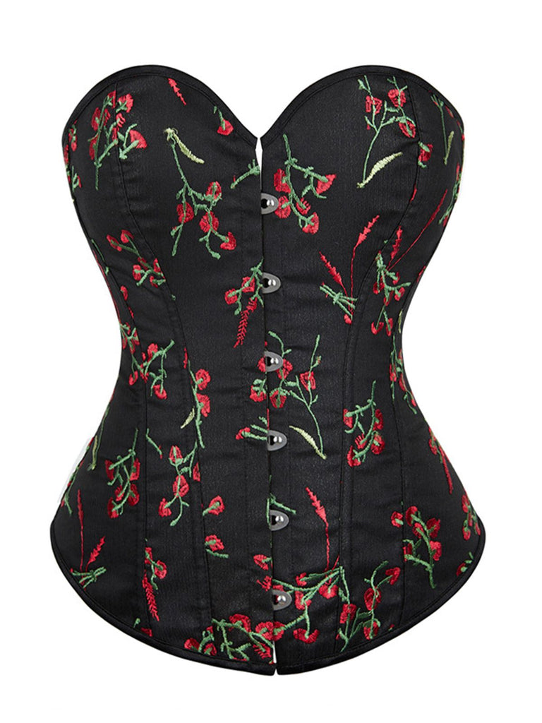 Black 1970s Floral Embroidered Corset Top - vintage fashion, retro style, classic black