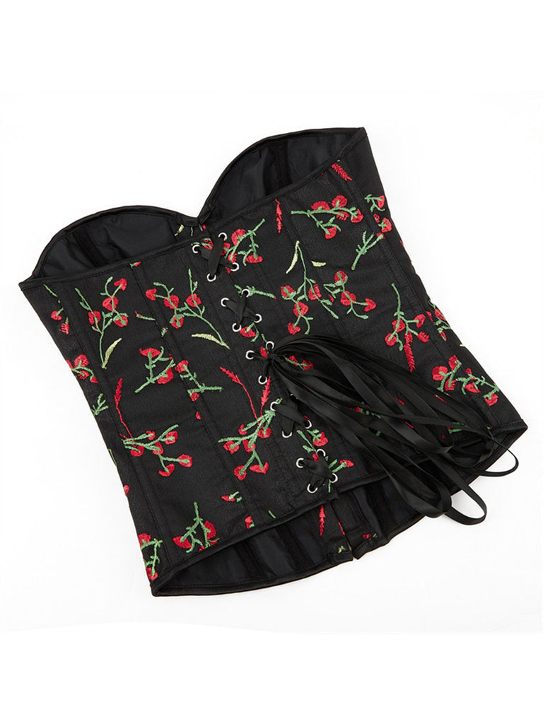 Black 1970s Floral Embroidered Corset Top - vintage fashion, retro style, classic black