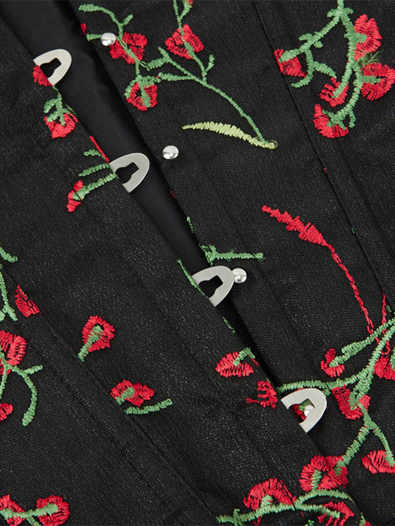 Black 1970s Floral Embroidered Corset Top - vintage fashion, retro style, classic black