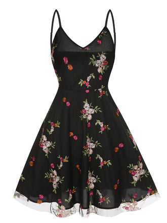 Black 1970s Floral Embroidered Mesh Strap Dress, vintage dress, retro fashion, floral print - perfect for women who love vintage and retro fashion