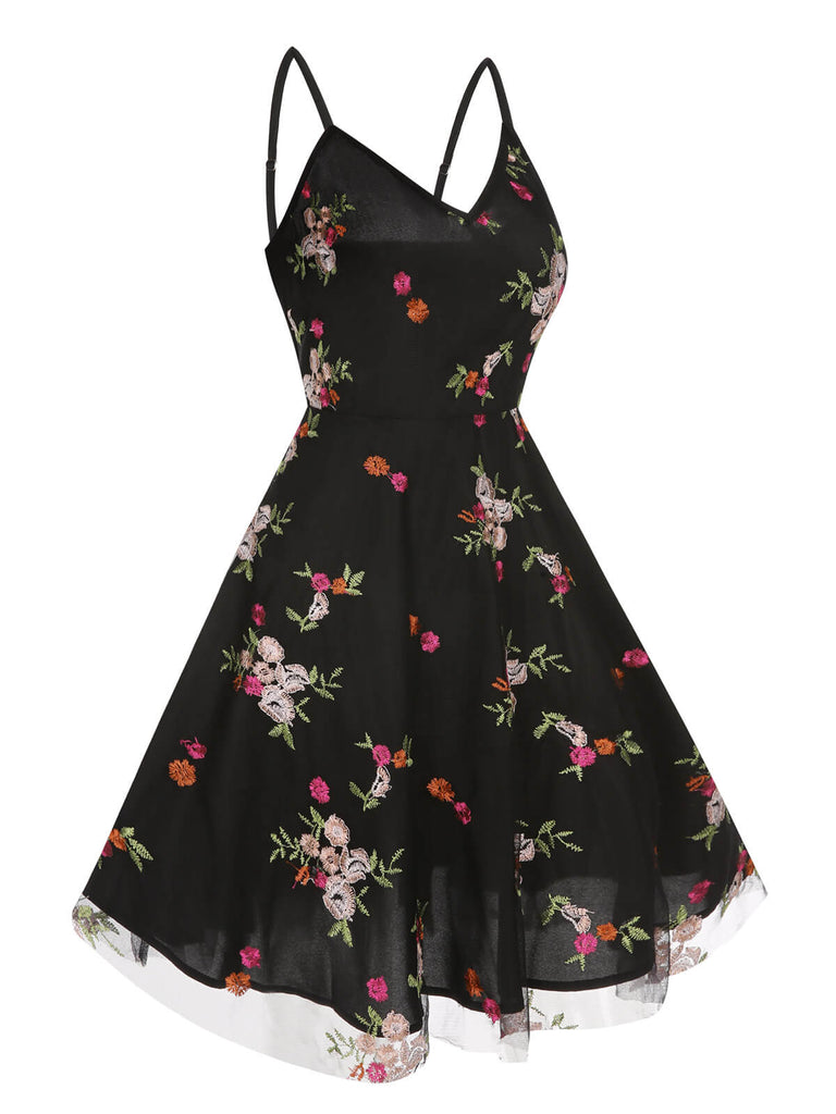 Black 1970s Floral Embroidered Mesh Strap Dress, vintage dress, retro fashion, floral print - perfect for women who love vintage and retro fashion