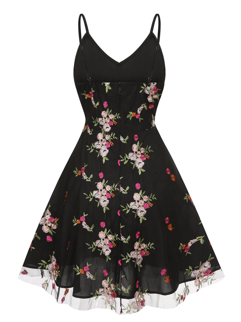Black 1970s Floral Embroidered Mesh Strap Dress, vintage dress, retro fashion, floral print - perfect for women who love vintage and retro fashion