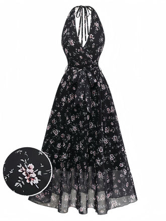 Black 1940s Floral Halter Vintage Dress