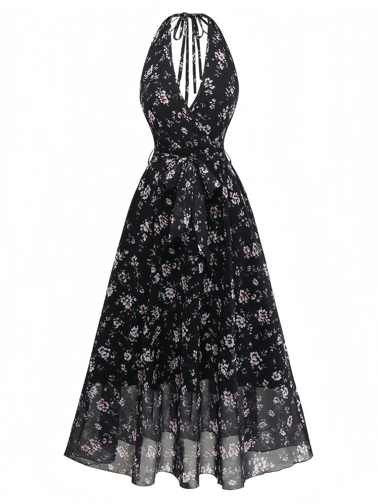 Black 1940s Floral Halter Vintage Dress 3