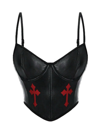 Black 1970s Gothic Cross Faux Leather Cami Top - vintage fashion, retro style, classic black