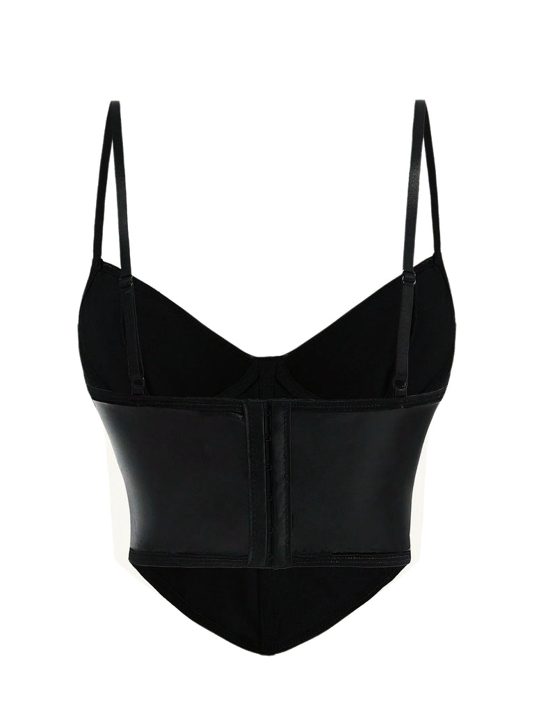Black 1970s Gothic Cross Faux Leather Cami Top - vintage fashion, retro style, classic black