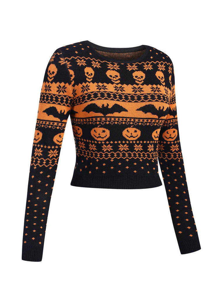 Black 1970s Halloween Skull Bat Crop Sweater, vintage fashion, retro style - perfect for women who love vintage and retro fashion