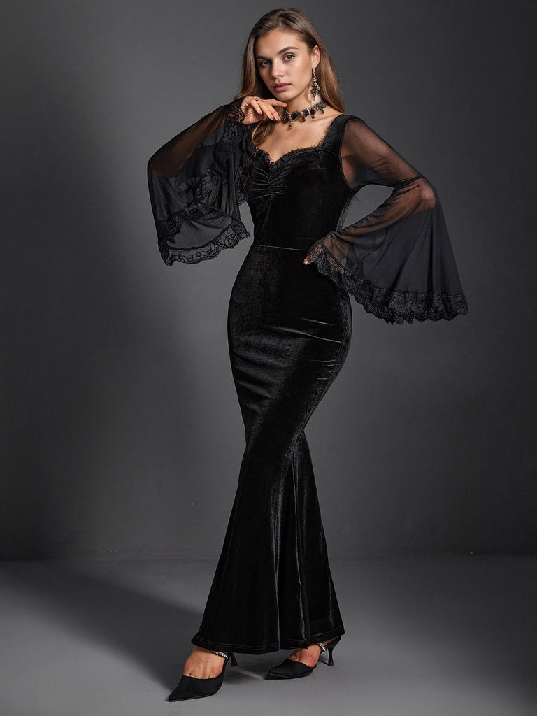 Black 1970s Halloween Solid Lace Dress, vintage dress, retro fashion, lace detail - perfect for women who love vintage and retro fashion