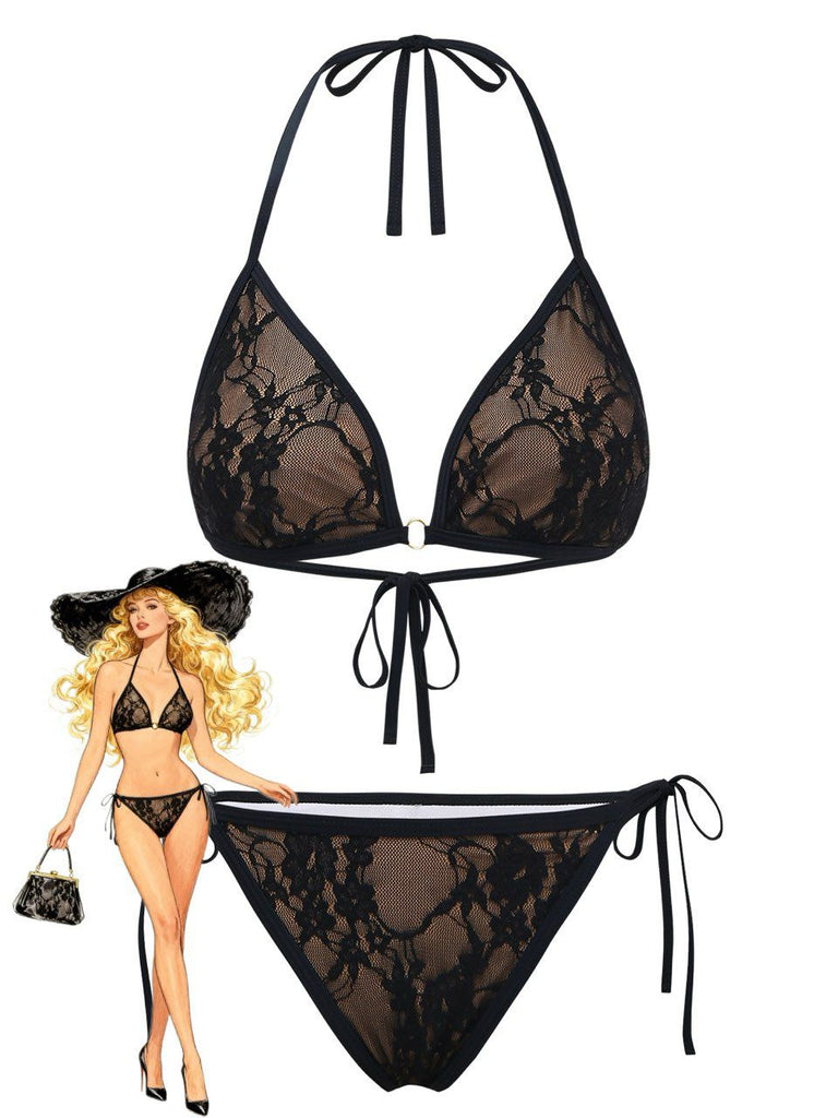 Black 1970s Halter Floral Lace Bikini Set - vintage swimwear, retro swimsuit, pin-up style for vintage lovers