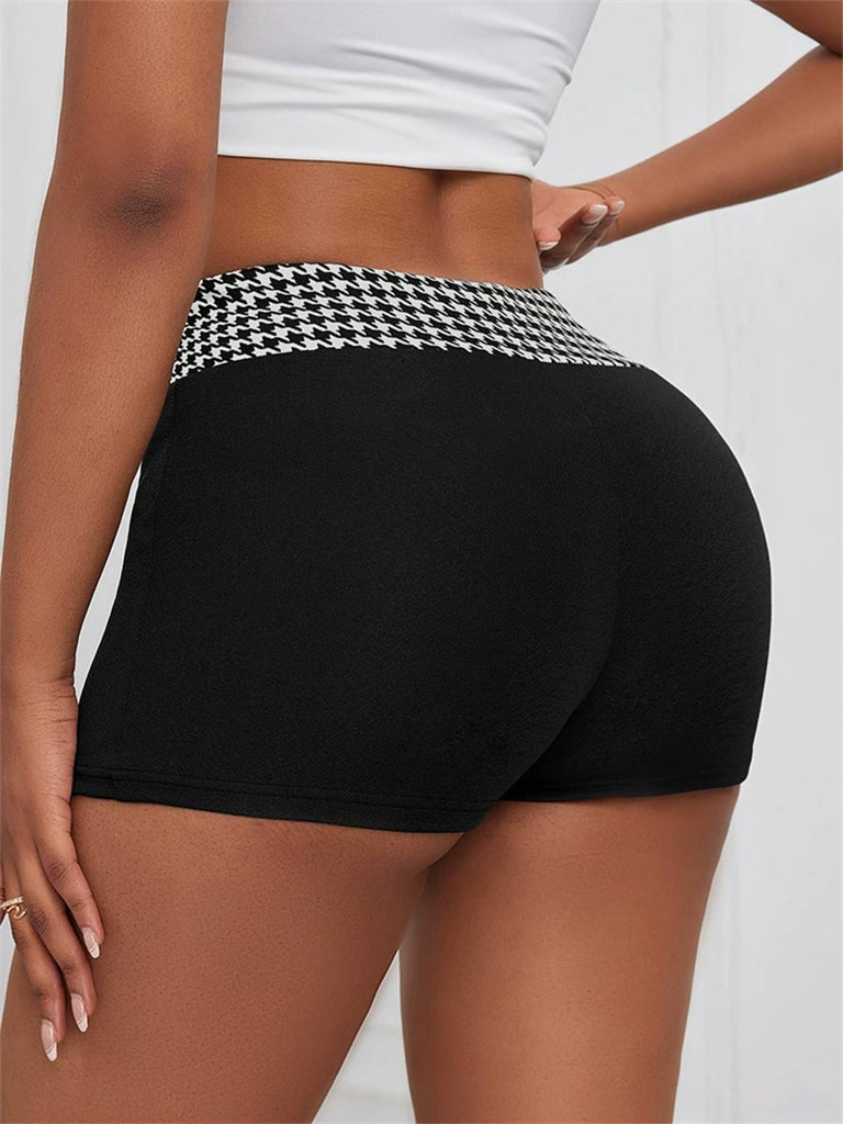 Black 1970s Houndstooth Patchwork Tight Shorts — 1970s style that transcends decades