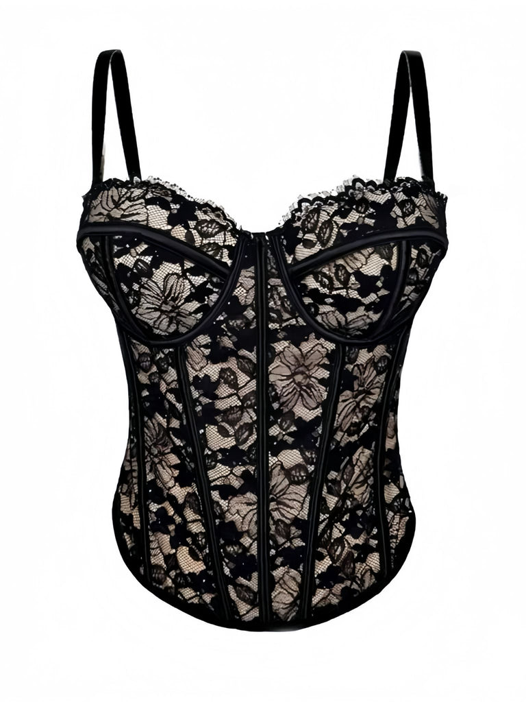 Black 1970s Lace Floral Herringbone Corset - vintage fashion, retro style, classic black