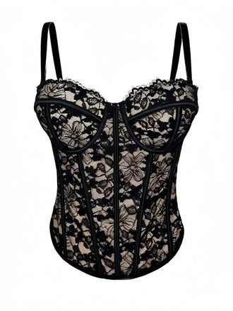 Black 1970s Lace Floral Herringbone Corset - vintage fashion, retro style, classic black