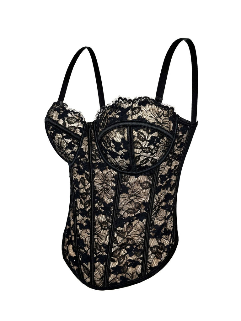 Black 1970s Lace Floral Herringbone Corset - vintage fashion, retro style, classic black