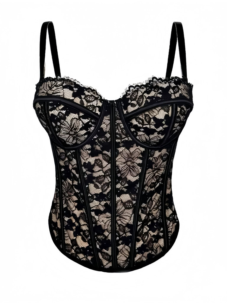 Black 1970s Lace Floral Herringbone Corset - vintage fashion, retro style, classic black