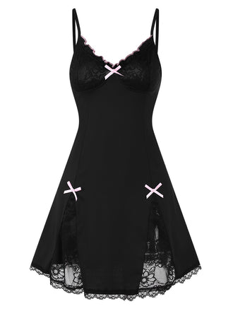 She slips into this Black 1970s Lace Patchwork Straps Nightgown and suddenly it's a 1970s daydream