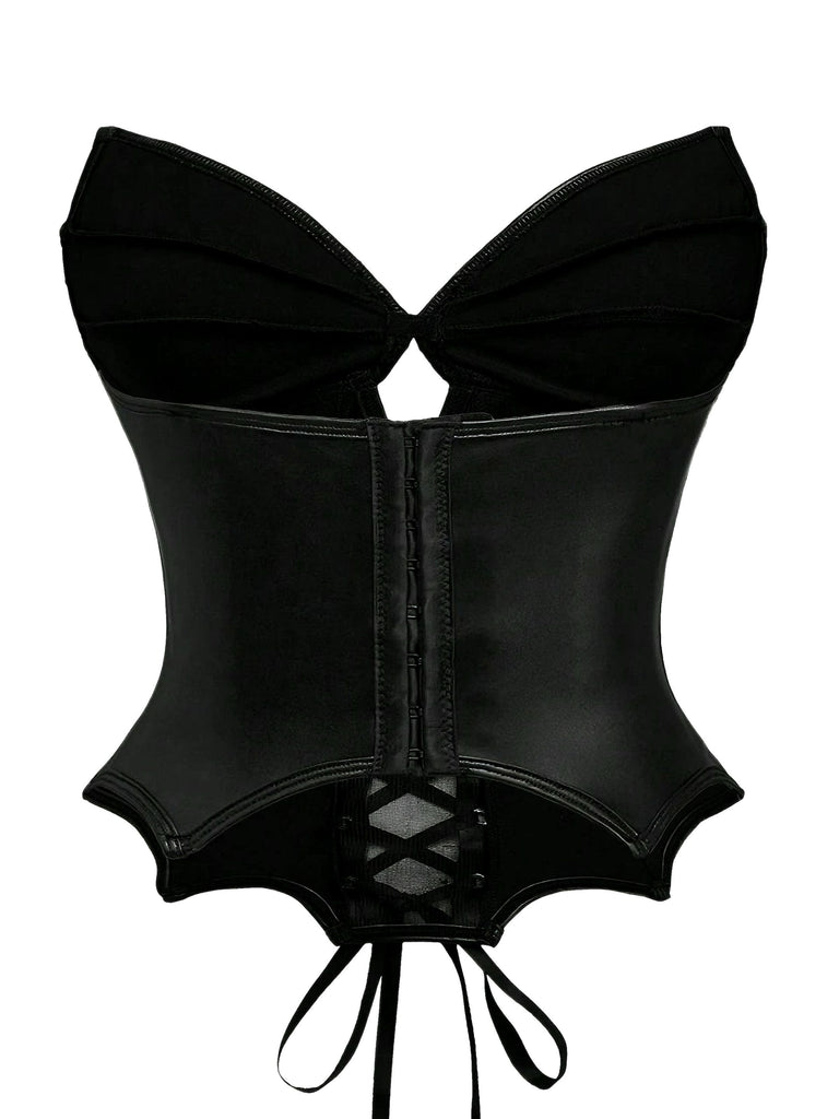 Black 1970s Leather Gothic Bat Wing Corset - vintage fashion, retro style, classic black