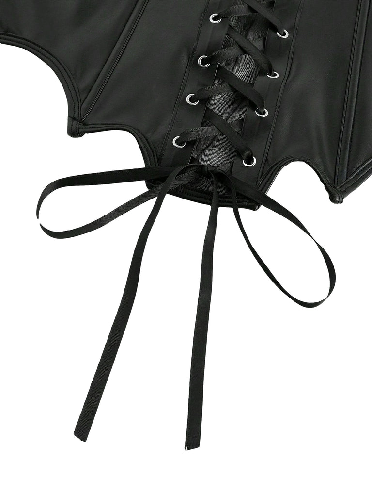 Black 1970s Leather Gothic Bat Wing Corset - vintage fashion, retro style, classic black