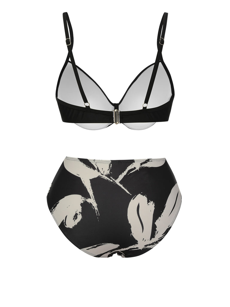 Black 1970s Leaves Strap Bikini & Long Cover-Up, vintage swimsuit, pin-up swimwear - perfect for women who love vintage and retro fashion