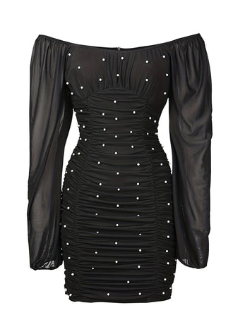 She slips into this Black 1970s Mesh Off Shoulder Pearl Wrinkle Dress and suddenly it's a 1970s daydream