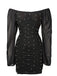 She slips into this Black 1970s Mesh Off Shoulder Pearl Wrinkle Dress and suddenly it's a 1970s daydream