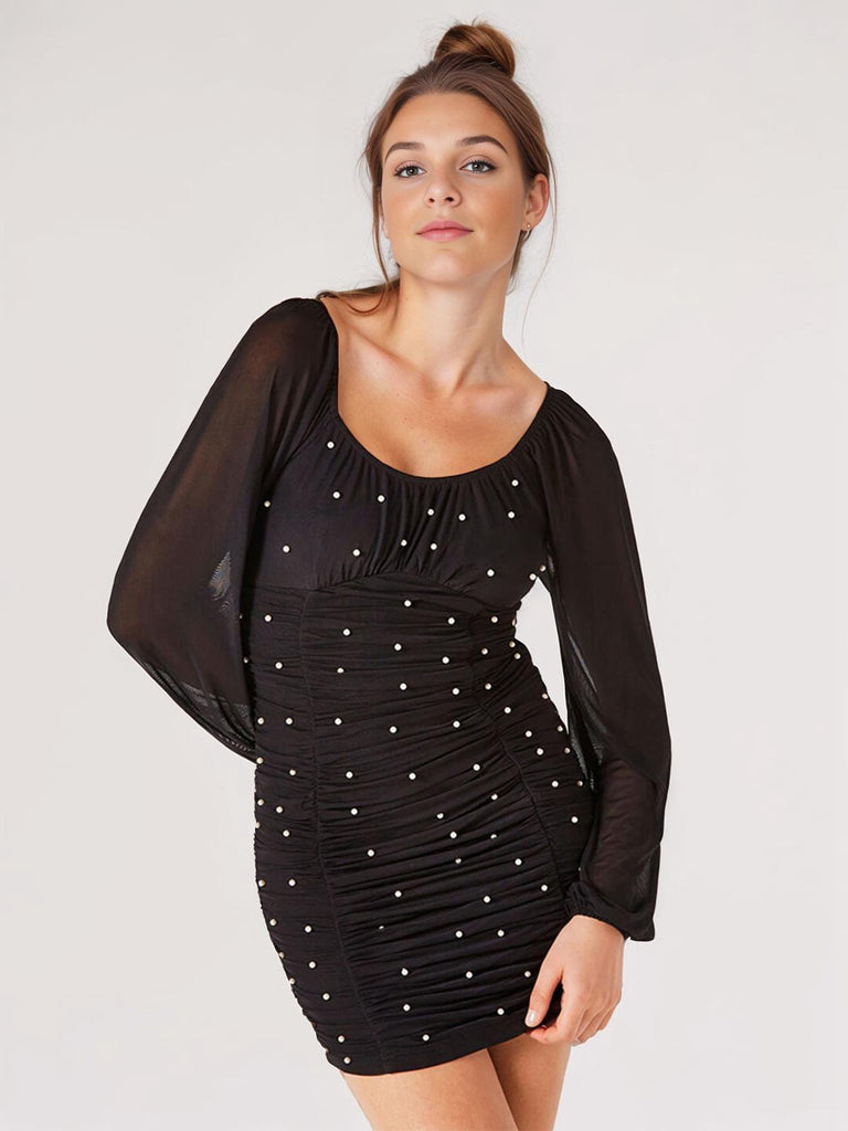 Black 1970s Mesh Off Shoulder Pearl Wrinkle Dress: where 1970s romance meets her modern spirit