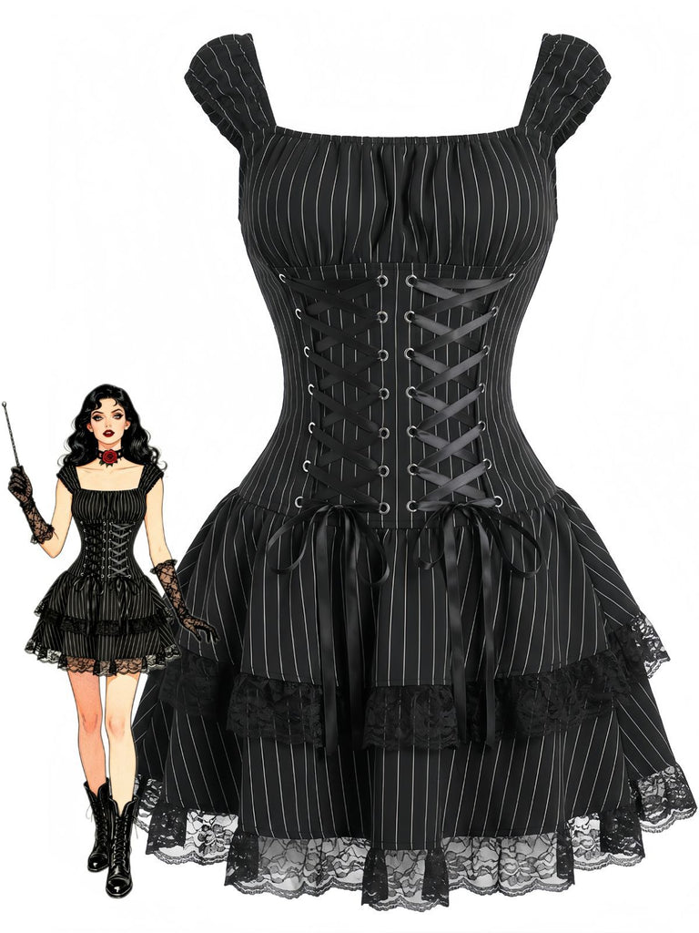 Black 1970s Pinstripe Corset Lace-Up Tiered Lace Dress, vintage dress, retro fashion - vintage inspired fashion