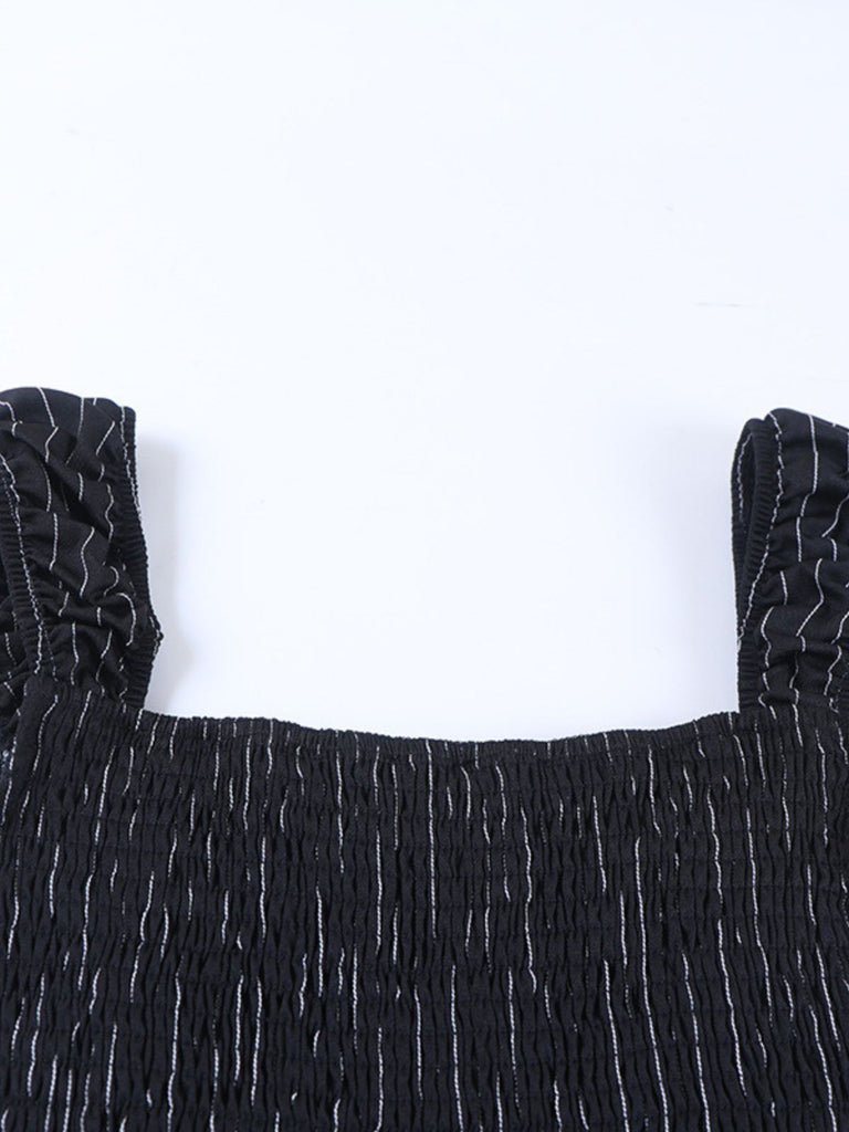 Black 1970s Floral Square Neck Striped Dress 10