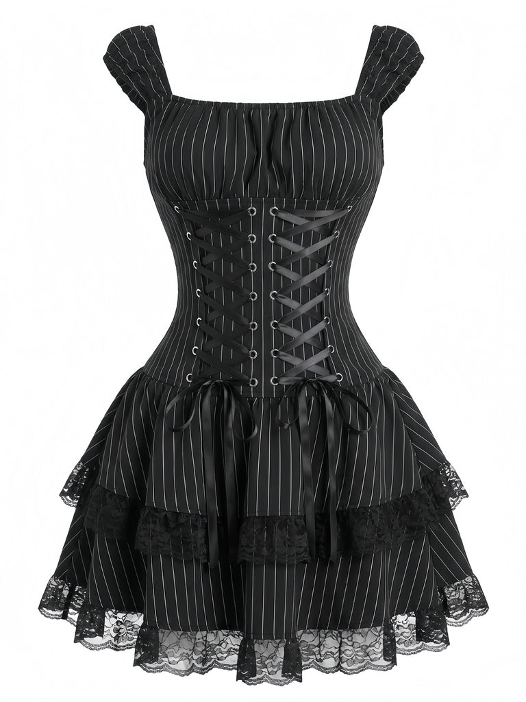 Black 1970s Floral Square Neck Striped Dress