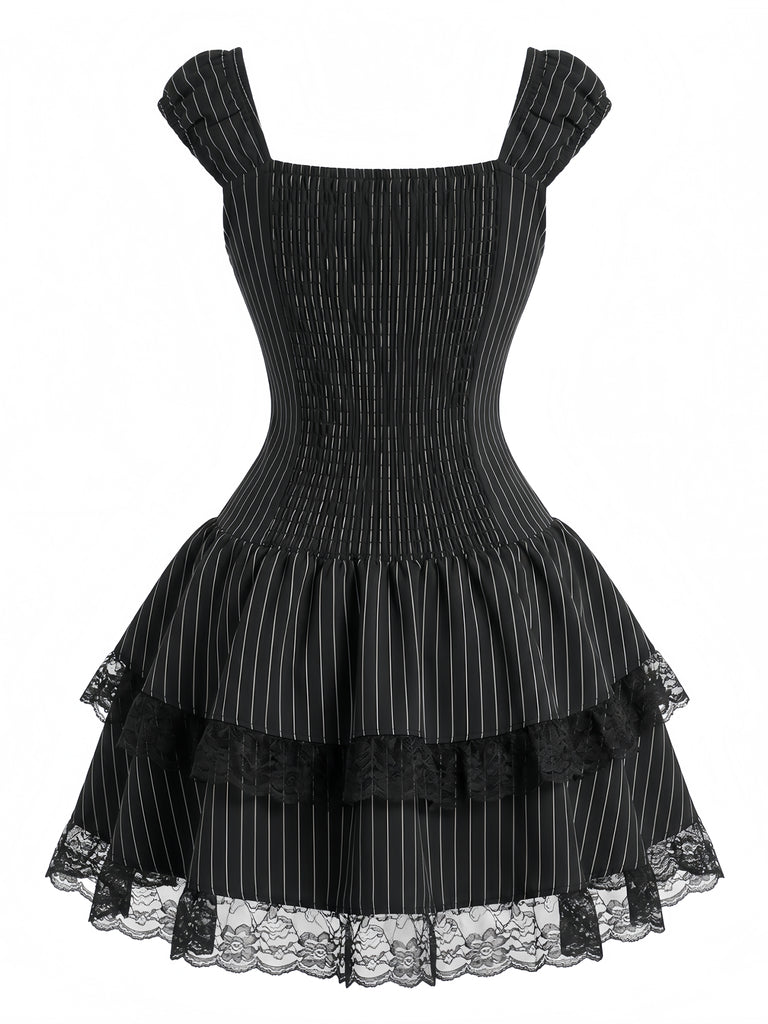 Black 1970s Floral Square Neck Striped Dress 2