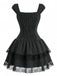 Black 1970s Floral Square Neck Striped Dress 2
