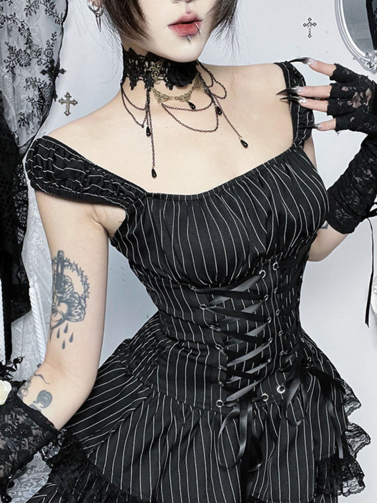 Black 1970s Floral Square Neck Striped Dress 4