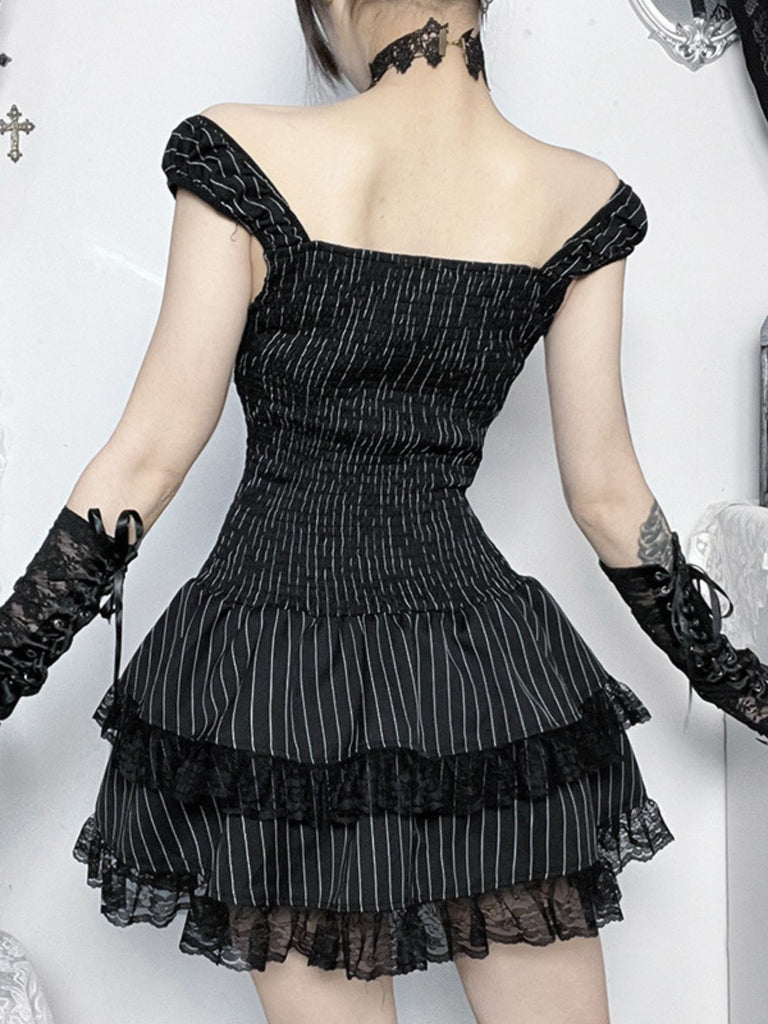 Black 1970s Floral Square Neck Striped Dress 5