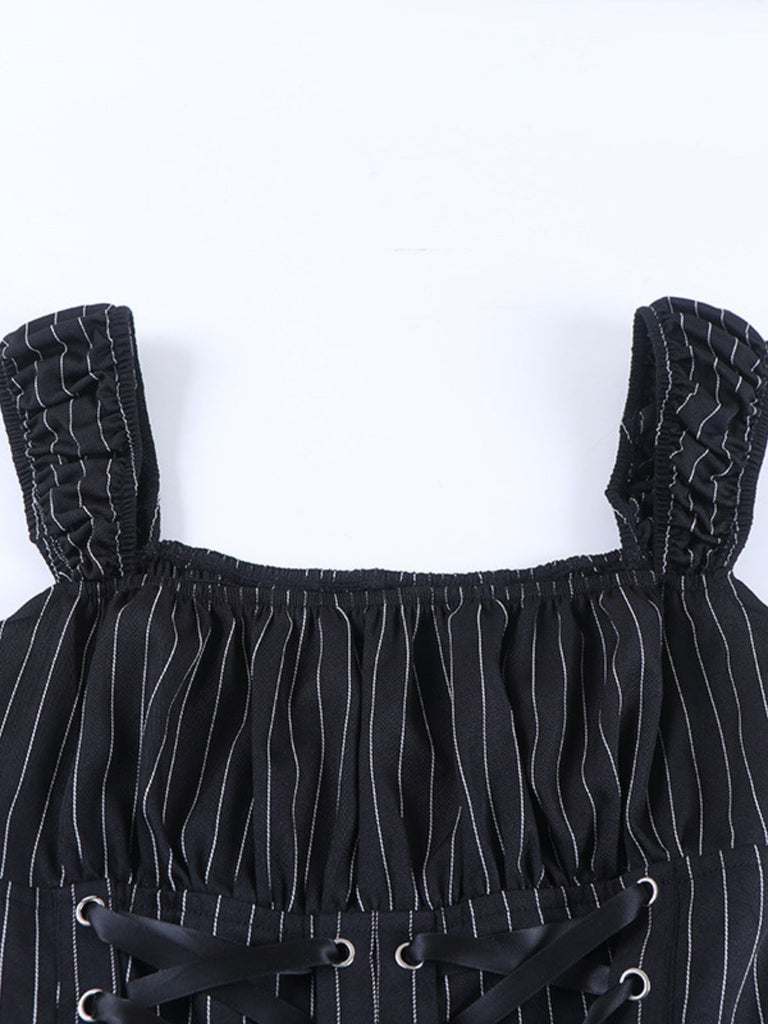 Black 1970s Floral Square Neck Striped Dress 6
