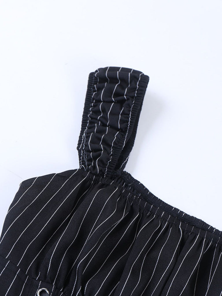 Black 1970s Floral Square Neck Striped Dress 7