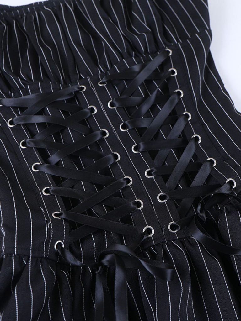 Black 1970s Floral Square Neck Striped Dress 8