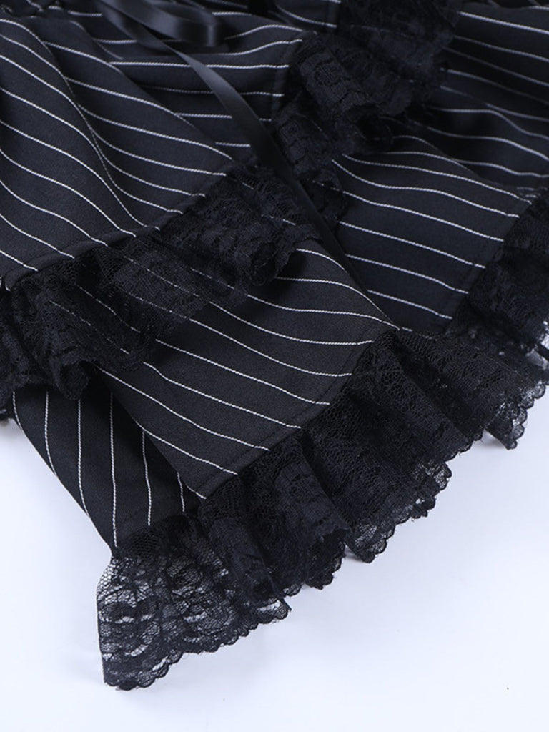 Black 1970s Floral Square Neck Striped Dress 9