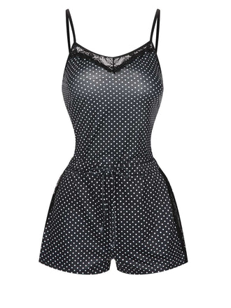 Black 1970s Polka Dots Lace Patchwork Pajamas, vintage pajamas, retro nightwear - perfect for women who love vintage and retro fashion