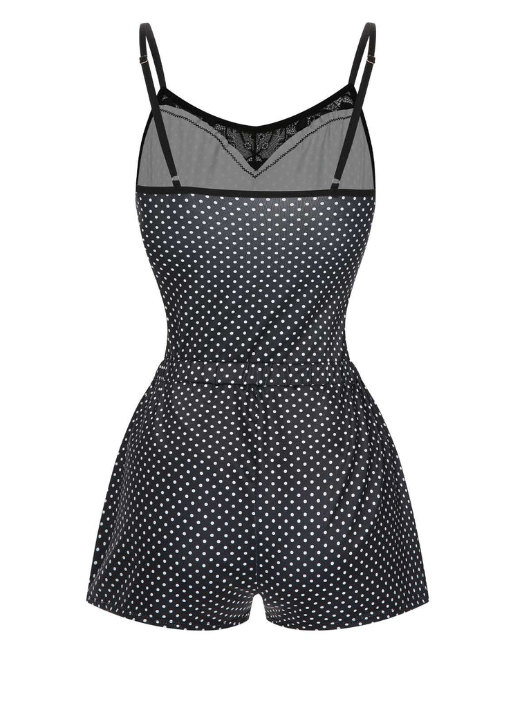 Black 1970s Polka Dots Lace Patchwork Pajamas, vintage pajamas, retro nightwear - perfect for women who love vintage and retro fashion