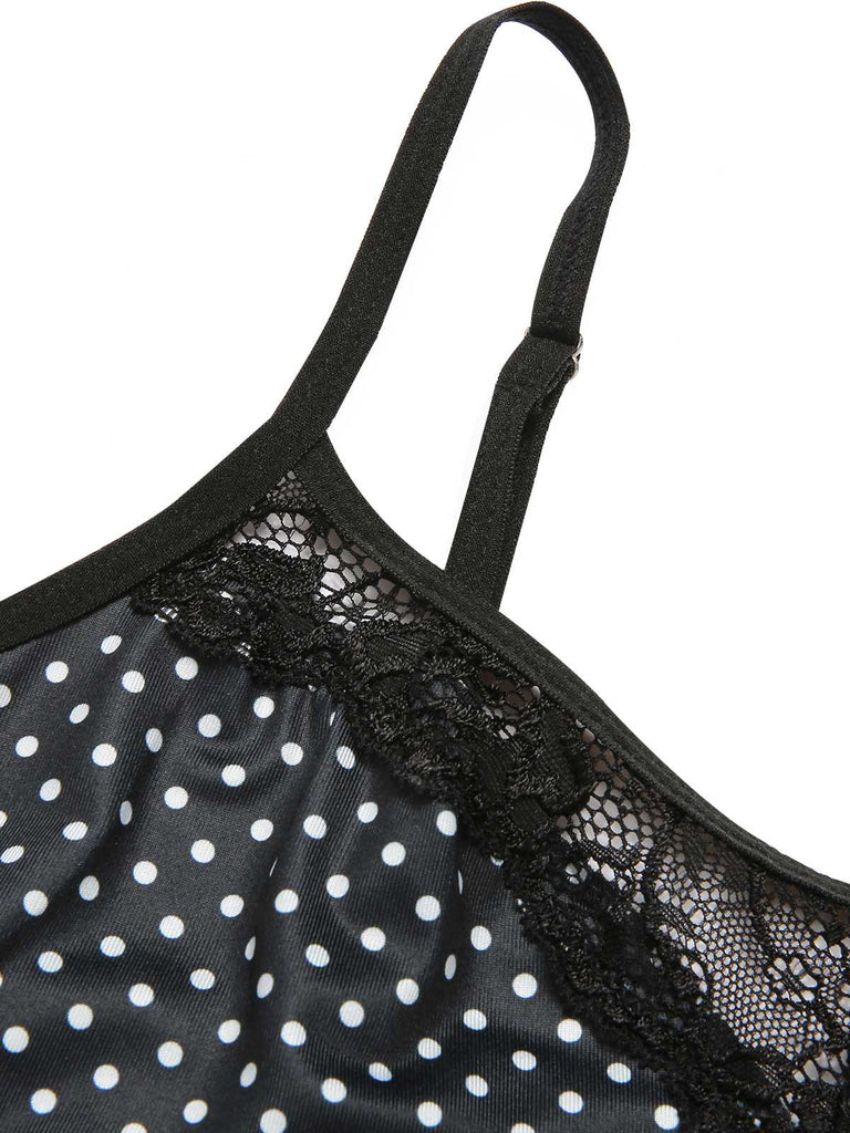 Black 1970s Polka Dots Lace Patchwork Pajamas, vintage pajamas, retro nightwear - perfect for women who love vintage and retro fashion