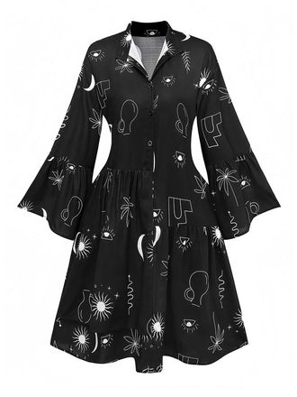 Black 1970s Printed Flare Sleeve Shirt Dress - vintage dress, retro fashion, classic black