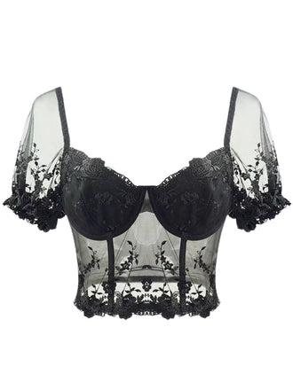 Black 1970s Puff Sleeve Lace Corset Top - vintage fashion, retro style, classic black