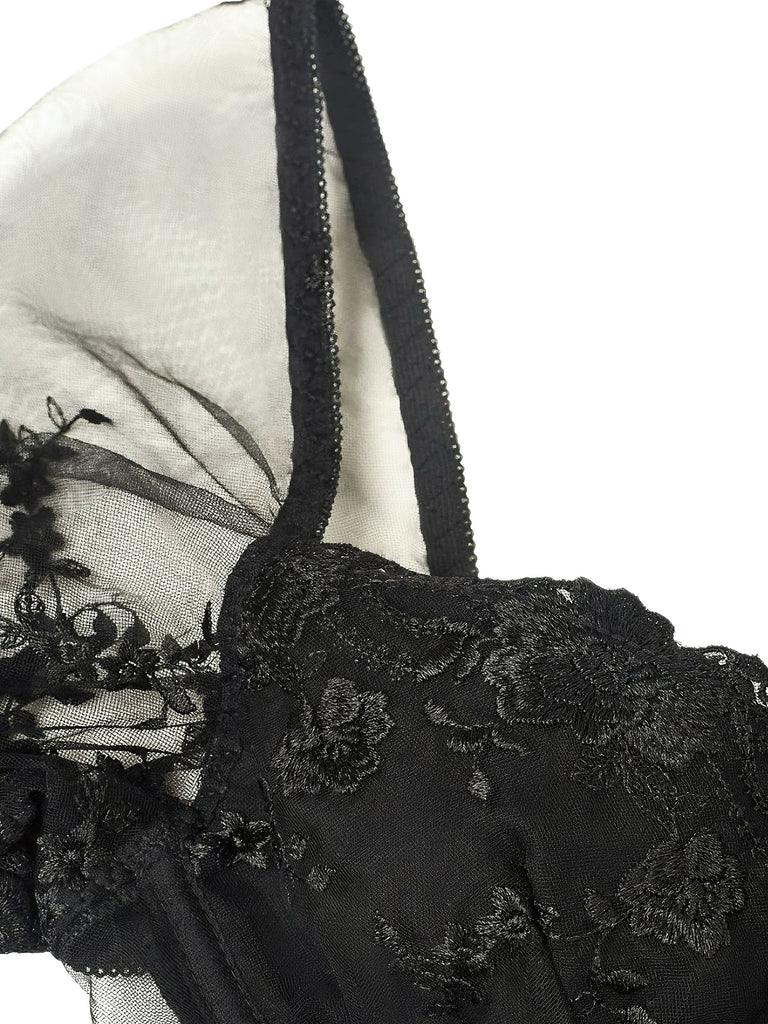 Black 1970s Puff Sleeve Lace Corset Top - vintage fashion, retro style, classic black