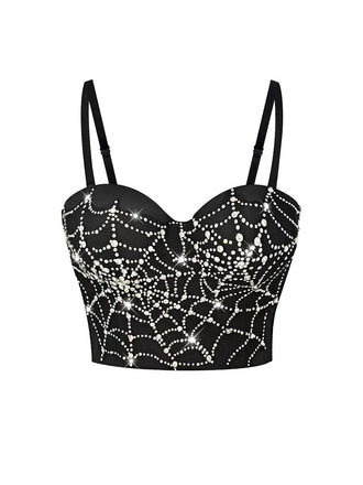 Black 1970s Rhinestone Spider Web Crop Top - vintage fashion, retro style, classic black