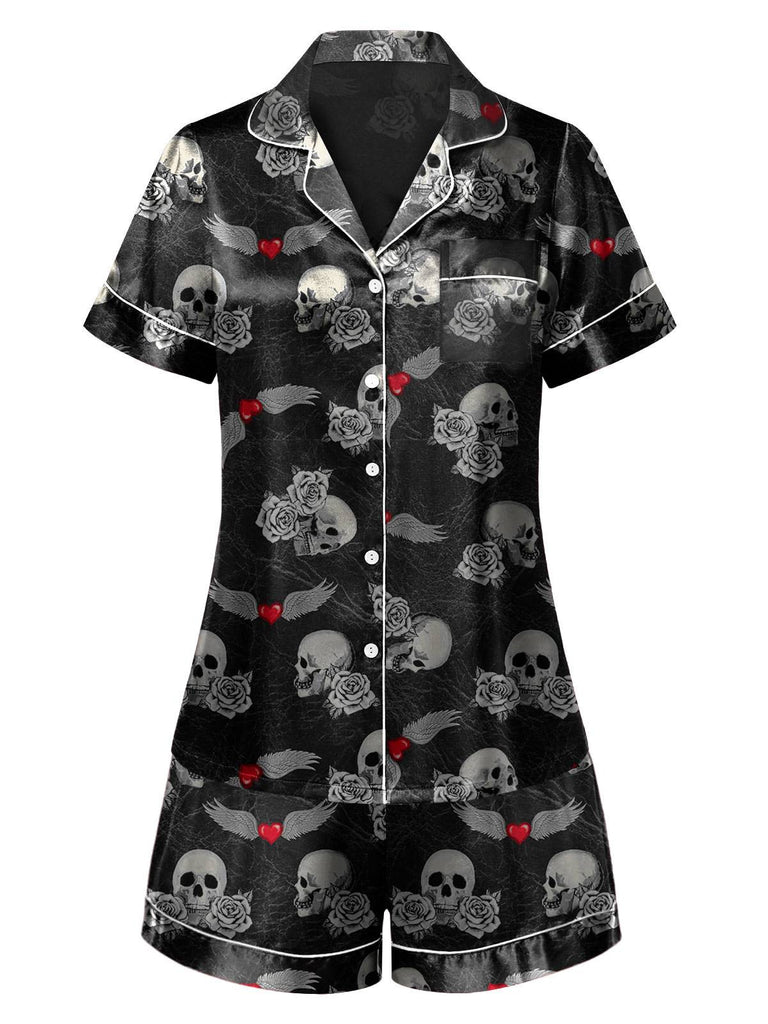 She finds her 1970s story in this Black 1970s Rose Skull Lapel Pajamas