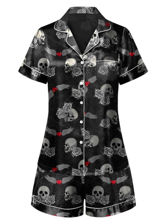 She finds her 1970s story in this Black 1970s Rose Skull Lapel Pajamas