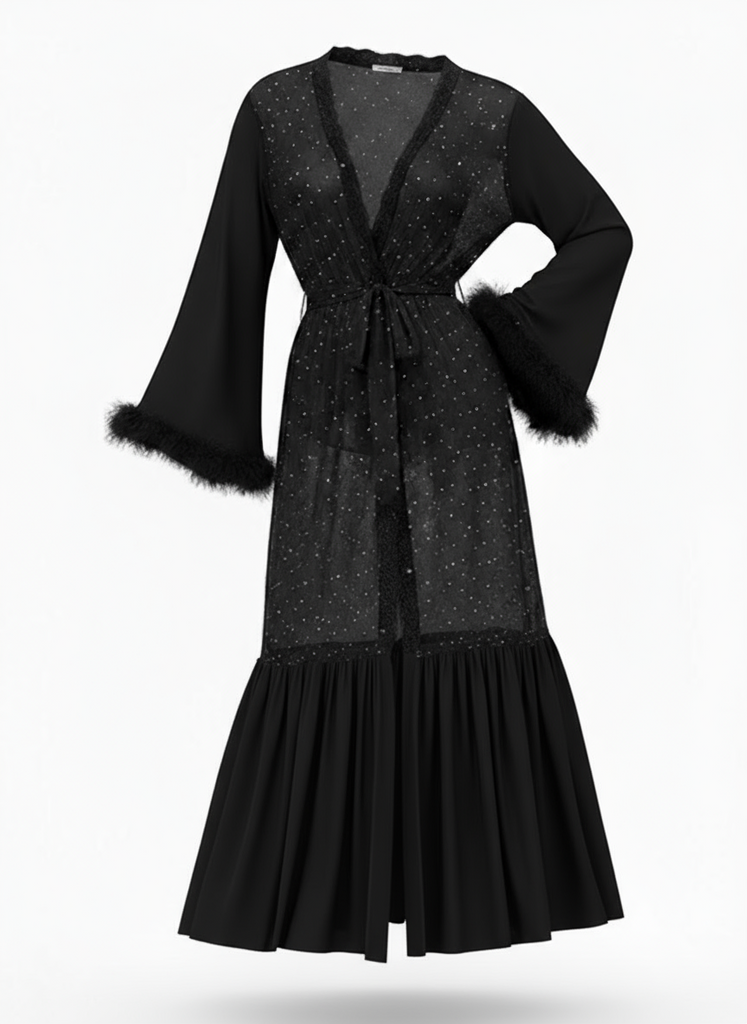 Black 1970s Sheer Glitter Mesh Belted Robes - vintage fashion, retro style, classic black